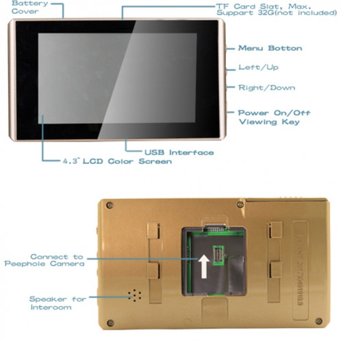 4.3 pouces écran couleur LCD sonnette numérique porte oeil sonnette visionneuse de caméra de porte de judas électronique (or) SH701A1160-010