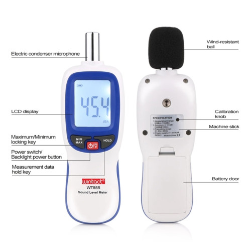 Wintact WT85B Niveau sonore de niveau sonore Digital Decibel Mètre Digital Buand Compteur Testeur de bruit de l'environnement SW41491259-07