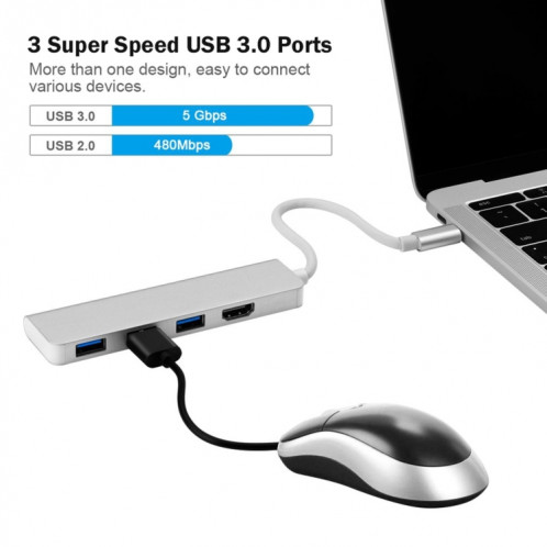 Hub USB-C, adaptateur de type C vers HDMI, 3 USB 3.0, Dongle USB C en aluminium portable pour MacBook Pro 2018/2017/2016 Chromebook Pixel, DELL XPS13 SH43811570-010