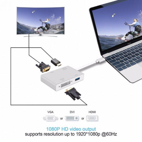 4 en 1 USB 3.1 USB C Type C vers HDMI VGA DVI USB 3.0 Câble adaptateur pour ordinateur portable Apple Macbook Google Chromebook Pixel SH4418868-08