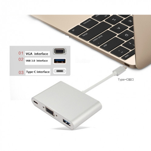 L'adaptateur Hub USB Type C vers VGA 3-en-1 prend en charge les tablettes et ordinateurs portables USB Type C pour Macbook Pro / Google ChromeBook (Or) SH901A1688-012