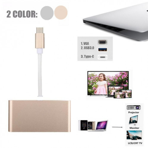 L'adaptateur Hub USB Type C vers VGA 3-en-1 prend en charge les tablettes et ordinateurs portables USB Type C pour Macbook Pro / Google ChromeBook (Or) SH901A1688-012