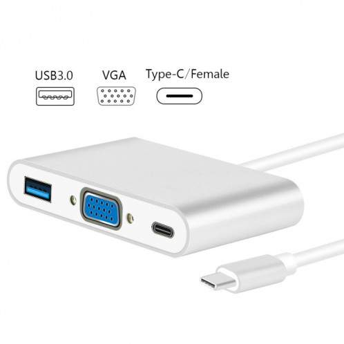 L'adaptateur Hub USB Type C vers VGA 3-en-1 prend en charge les tablettes et ordinateurs portables USB Type C pour Macbook Pro / Google ChromeBook (Argent) SH901B945-012