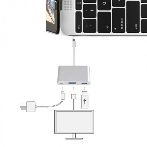 L'adaptateur Hub USB Type C vers VGA 3-en-1 prend en charge les tablettes et ordinateurs portables USB Type C pour Macbook Pro / Google ChromeBook (Argent) SH901B945-012