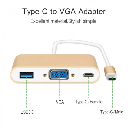 L'adaptateur Hub USB Type C vers VGA 3-en-1 prend en charge les tablettes et ordinateurs portables USB Type C pour Macbook Pro / Google ChromeBook (Argent) SH901B945-012