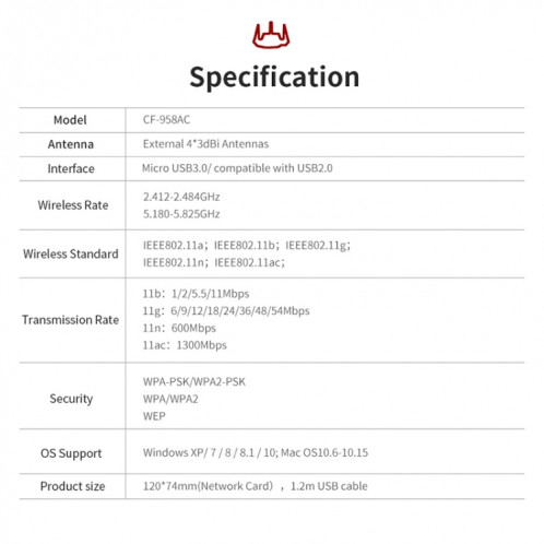 Comfast CF-958AC adaptateur Wifi PA haute puissance 1900 Mbps Gigabit carte réseau e-sports 2.4Ghz + 5.8Ghz USB 3.0 PC Lan Dongle récepteur SC5149988-021