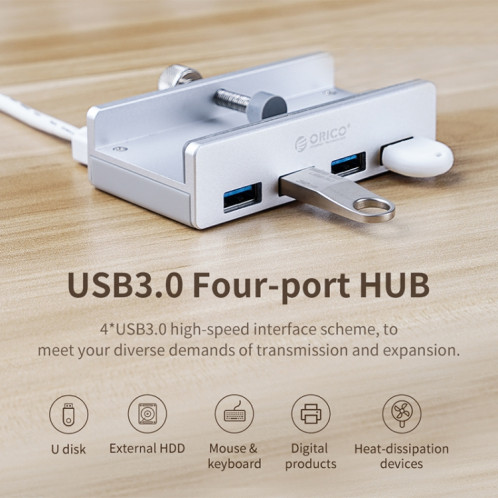 ORICO MH4PU-P en alliage d'aluminium 4 ports USB3.0 HUB de type clip (argent) SO801A1774-012