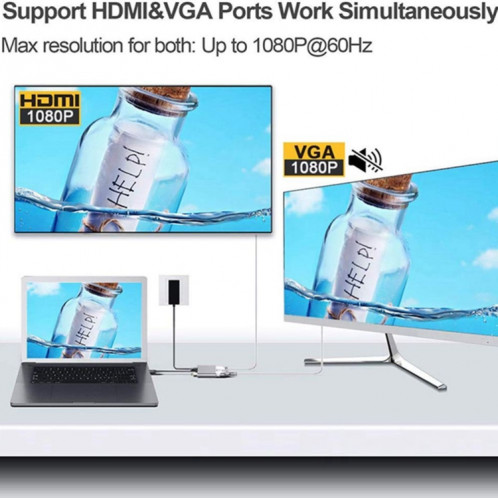 Adaptateur USB C vers HDMI VGA 4K Adaptateur 4 en 1 Type C Hub vers HDMI VGA Adaptateur multiport AV numérique USB 3.0 avec port de chargement USB-C PD Compatible pour Nintendo Switch / Samsung / MacBook (Gris) SH601A964-021