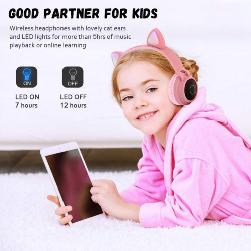 BT028C mignon chat oreille Bluetooth 5.0 casque casque stéréo sur l'oreille pliable casque sans fil stéréo sur l'oreille avec micro / LED Light / FM Radio / TF Carte (rose) SH501B539-014