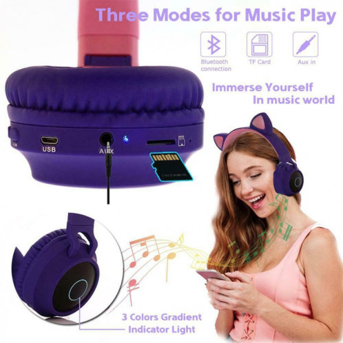 BT028C mignon chat oreille Bluetooth 5.0 casque casque de casque sans fil stéréo sur l'oreille sur l'oreille avec micro / LED / carte radio / carte de radio / tf (violet) SH501E589-014