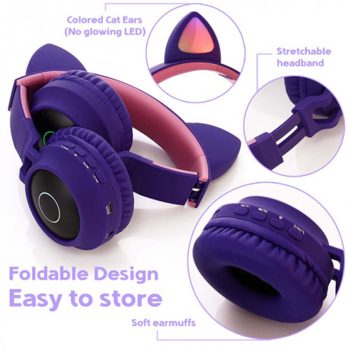 BT028C mignon chat oreille Bluetooth 5.0 casque casque de casque sans fil stéréo sur l'oreille sur l'oreille avec micro / LED / carte radio / carte de radio / tf (violet) SH501E589-014