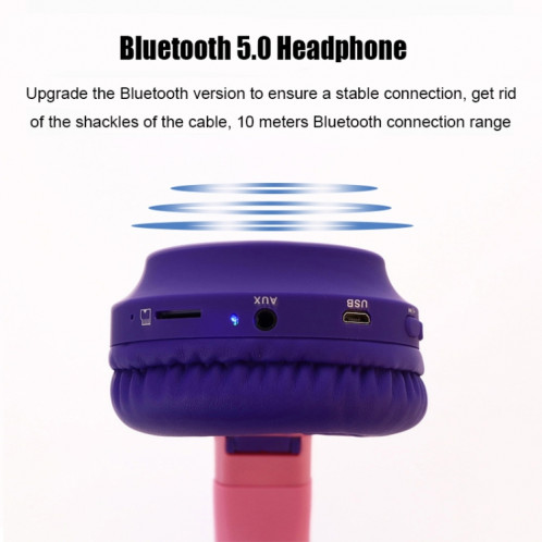 BT028C mignon chat oreille Bluetooth 5.0 casque casque de casque sans fil stéréo sur l'oreille sur l'oreille avec micro / LED / carte radio / carte de radio / tf (violet) SH501E589-014