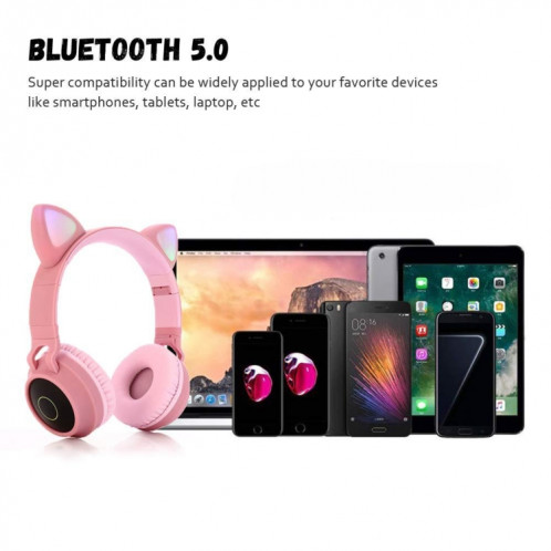 BT028C mignon chat oreille Bluetooth 5.0 casque casque de casque sans fil stéréo sur l'oreille sur l'oreille avec micro / LED / carte radio / carte de radio / tf (violet) SH501E589-014