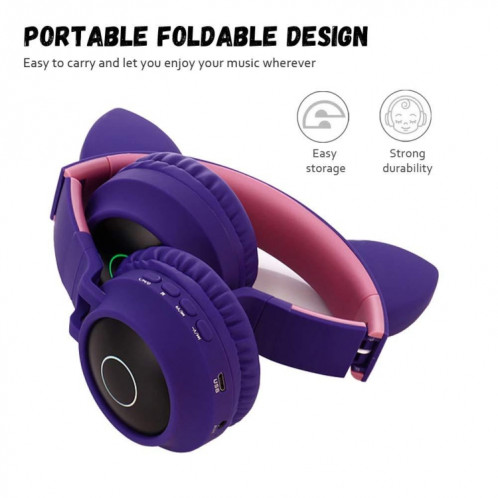 BT028C mignon chat oreille Bluetooth 5.0 casque casque de casque sans fil stéréo sur l'oreille sur l'oreille avec micro / LED / carte radio / carte de radio / tf (violet) SH501E589-014