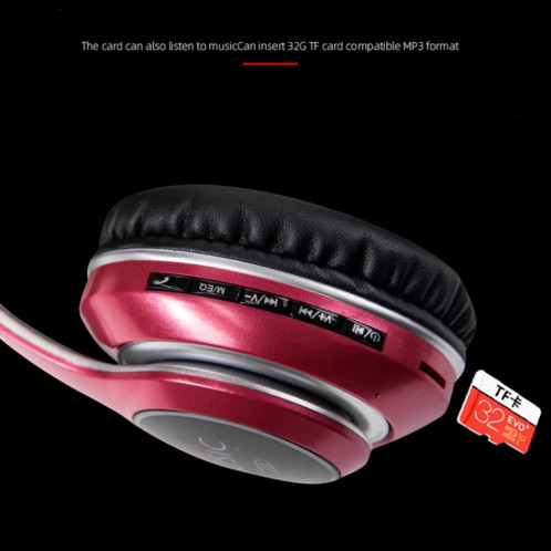 VJ033 Mise à niveau multifonction Bluetooth 5.0 Casque stéréo Microphone LED sans fil Casque radio FM (rouge) SH701D1070-014