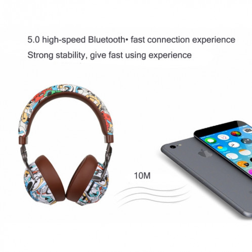 VJ086 Graffiti Headset Casque Bluetooth Sports sans fil Casque d'impression couleur à transfert d'eau, Support TF, FM (Noir + Blanc) SH801B463-016