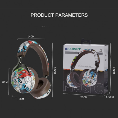 VJ086 Graffiti Headset Casque Bluetooth Sports sans fil Casque d'impression couleur à transfert d'eau, Support TF, FM (Noir + Blanc) SH801B463-016