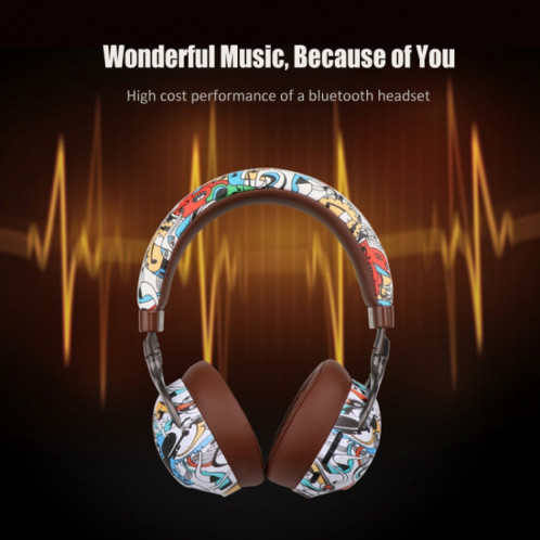 VJ086 Graffiti Headset Casque Bluetooth Sports sans fil Casque d'impression couleur à transfert d'eau, Support TF, FM (Noir + Blanc) SH801B463-016