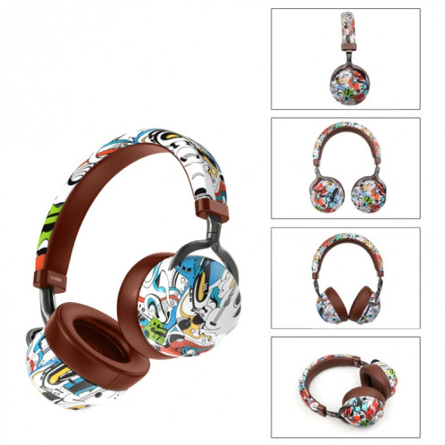 VJ086 Graffiti Headset Casque Bluetooth Sports sans fil Casque d'impression couleur à transfert d'eau, Support TF, FM (Noir + Blanc) SH801B463-016