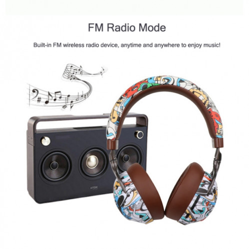 VJ086 Graffiti Headset Casque Bluetooth Sports sans fil Casque d'impression couleur à transfert d'eau, Support TF, FM (Noir + Blanc) SH801B463-016