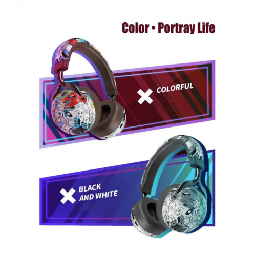 VJ086 Graffiti Headset Casque Bluetooth Sports sans fil Casque d'impression couleur à transfert d'eau, Support TF, FM (Noir + Blanc) SH801B463-016