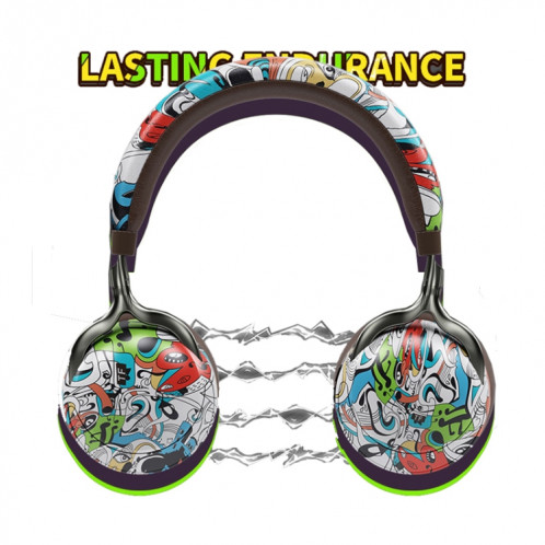 VJ086 Graffiti Headset Casque Bluetooth Sports sans fil Casque d'impression couleur à transfert d'eau, Support TF, FM (Noir + Blanc) SH801B463-016