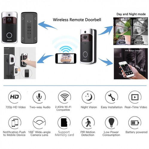Eken V5 Smart Phone Call Visual Enregistrement Vidéo Soignée Vision de la nuit WiFi WiFi Sécurité WiFi Sécurité Home Moniteur Interphone porte de porte, standard (noir) SH701B150-011