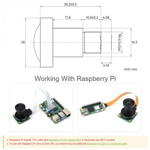 Waveshare WS1603212 pour objectif haute résolution Raspberry Pi M12, 12MP, champ de vision de 160 degrés, longueur focale de 3,2 mm, 23967 SW38151312-06