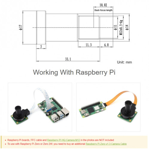 Waveshare WS0698012 pour objectif haute résolution Raspberry Pi M12, 12MP, champ de vision de 69,5 degrés, longueur focale de 8 mm, 23968 SW38381123-05