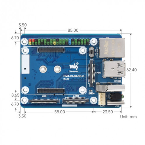 Waveshare CM4-IO-BASE-C pour module de calcul Raspberry Pi 4 Mini carte de base, 23228 SW4047303-06
