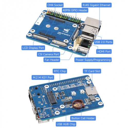 Waveshare CM4-IO-BASE-C pour module de calcul Raspberry Pi 4 Mini carte de base, 23228 SW4047303-06