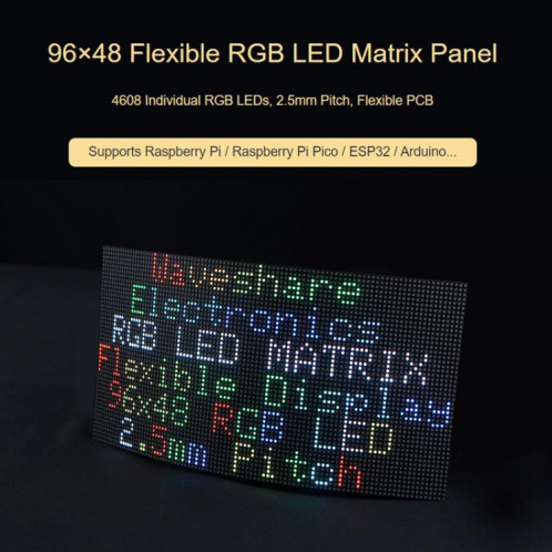 Panneau matriciel LED couleur RVB flexible Waveshare, pas de 2,5 mm, 96 x 48 pixels, PCB pliable à luminosité réglable SW08571772-06