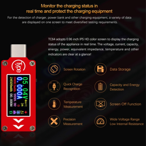 TC64 couleur Ccreen PD charge rapide de détection de type C Tension compteur Testeur de courant SH54481073-016