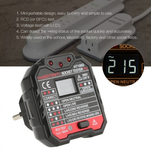 Testeurs de prise HT106 Détecteur de test de tension Ligne de terre Ligne neutre Électroscope de fuite de ligne en direct () SH701B1505-09