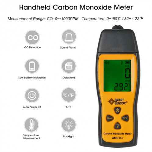 Smart Capteur AS8700A Moyenne de monoxyde de carbone Haute Precision Digital CO Detector Detector Analyseur, alarme de lumière sonore, plage: 0-1000pm SB86821210-06