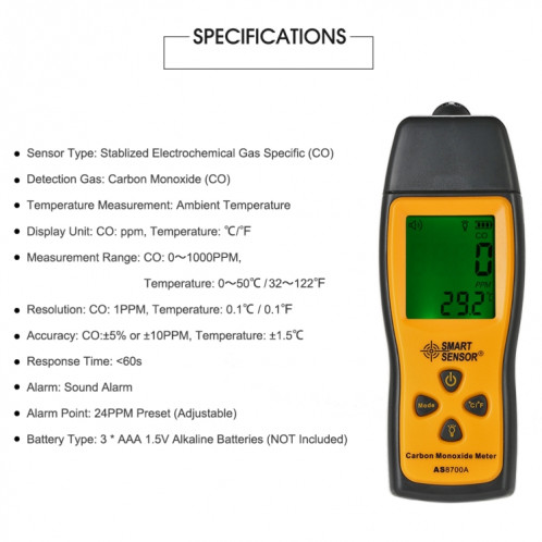Smart Capteur AS8700A Moyenne de monoxyde de carbone Haute Precision Digital CO Detector Detector Analyseur, alarme de lumière sonore, plage: 0-1000pm SB86821210-06