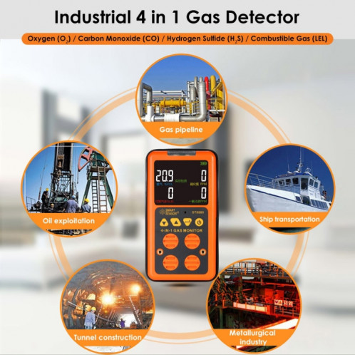 ST8900 4 en 1 Gaz toxique de monoxyde de carbone CO Détecteur hydrogène sulfuré H2S oxygène gaz combustible Écran LCD Monitor Test, son léger vibration d'alarme, CN Fiche SH2230188-06