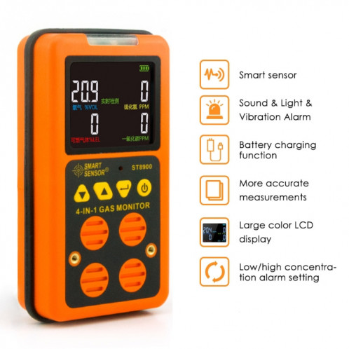ST8900 4 en 1 Gaz toxique de monoxyde de carbone CO Détecteur hydrogène sulfuré H2S oxygène gaz combustible Écran LCD Monitor Test, son léger vibration d'alarme, CN Fiche SH2230188-06