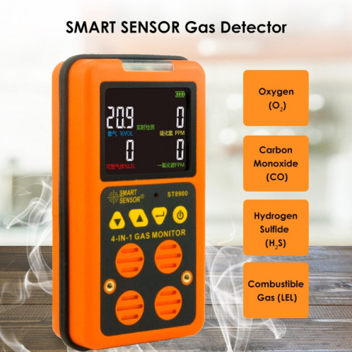ST8900 4 en 1 Gaz toxique de monoxyde de carbone CO Détecteur hydrogène sulfuré H2S oxygène gaz combustible Écran LCD Monitor Test, son léger vibration d'alarme, CN Fiche SH2230188-06
