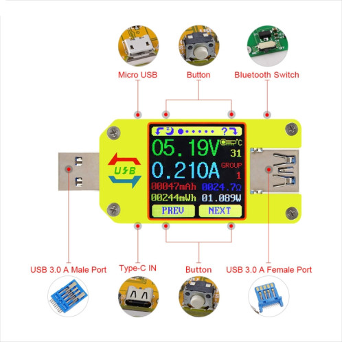 Testeur d'écran couleur USB 3.0 Mesure de tension-courant Type-C, prise en charge de l'application Android, modèle: UM34 sans Bluetooth SH27011165-012