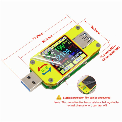 Testeur d'écran couleur USB 3.0 Mesure de tension-courant Type-C, prise en charge de l'application Android, modèle: UM34 sans Bluetooth SH27011165-012