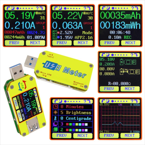 Testeur d'écran couleur USB 3.0 Mesure de tension-courant Type-C, prise en charge de l'application Android, modèle: UM34 sans Bluetooth SH27011165-012