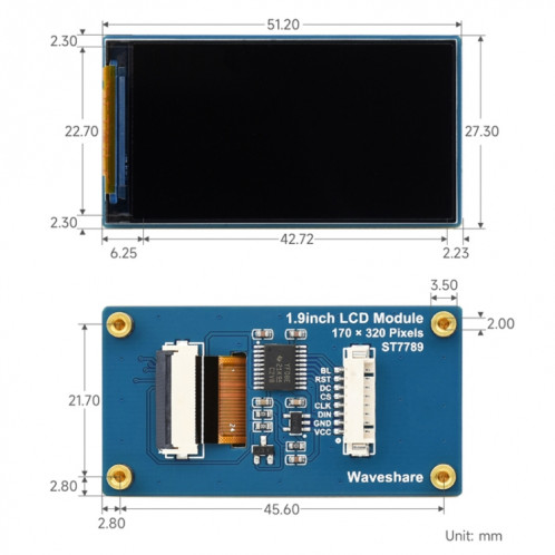 Module d'affichage LCD Waveshare 1.9 pouces 262K couleurs 170x320 pour Raspberry Pi Pico, Interface SPI, 23822 SW66061907-06