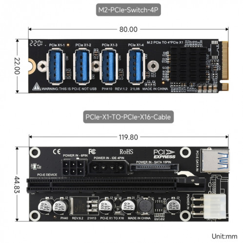 Extension Waveshare PCIe X1 vers PCIe X16, utilisation avec une extension M.2 vers PCIe 4 canaux, 24003 SW6674405-09
