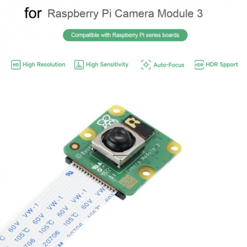 Waveshare pour module de caméra Raspberry Pi 3, haute résolution, mise au point automatique 12MP, IMX708, 75 ° FOV, 23943 SH6633112-07