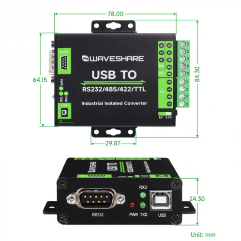 Waveshare FT232RNL Convertisseur d'isolement industriel d'interface USB vers RS232/485/422/TTL, 23996 SW6534376-09