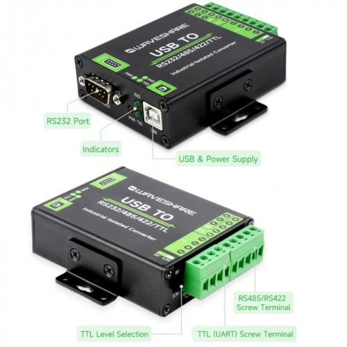 Waveshare FT232RNL Convertisseur d'isolement industriel d'interface USB vers RS232/485/422/TTL, 23996 SW6534376-09