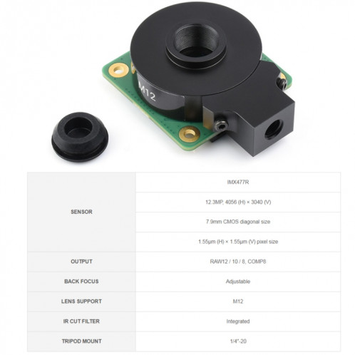 Waveshare pour caméra Raspberry Pi M12 objectif haute sensibilité, capteur 12.3MP IMX477R, 23945 SW65451350-09
