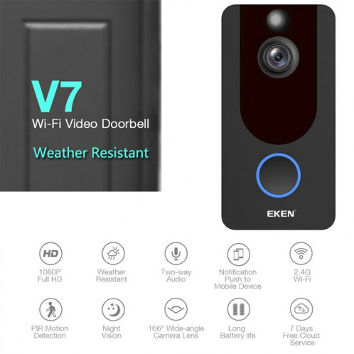 Eken v7 édition standard 1080P Full HD Security Security Security Home Monitor Interphone Smart Phone Video Soorbell Sans Machine Dingdong, Support audio à deux voies, Détection de mouvement PIR, Vision nocturne SH542240-09