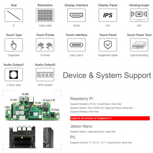 Waveshare 1080x1080 IPS à liaison optique 5 pouces HDMI circulaire 10 points écran tactile (24369) SW601A406-09